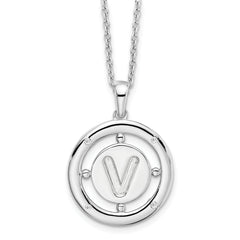 White Ice Sterling Silver Rhodium-Rhodium-Plated 18 Inch Diamond Letter V Initial Necklace with 2 Inch Extender