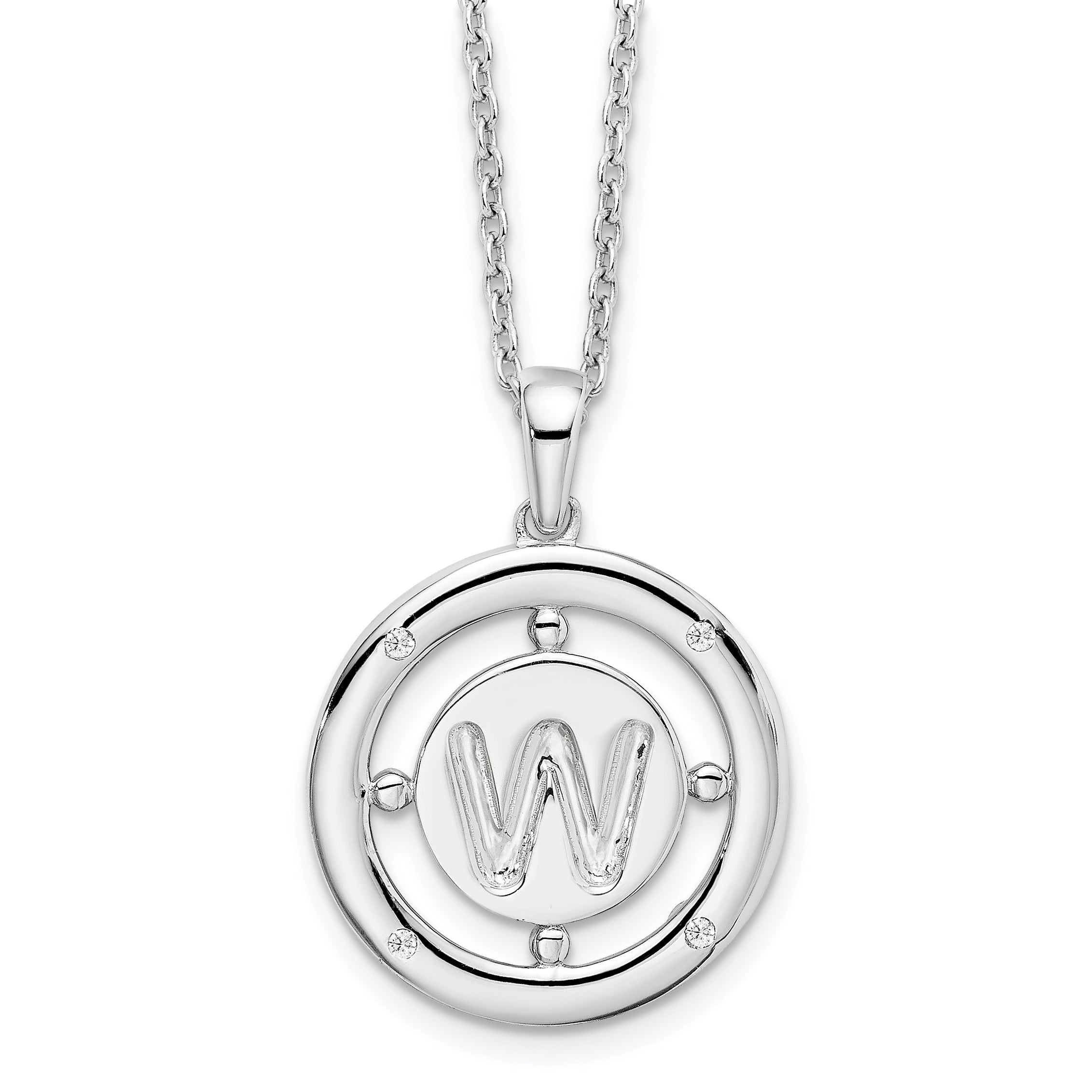 White Ice Sterling Silver Rhodium-Rhodium-Plated 18 Inch Diamond Letter W Initial Necklace with 2 Inch Extender