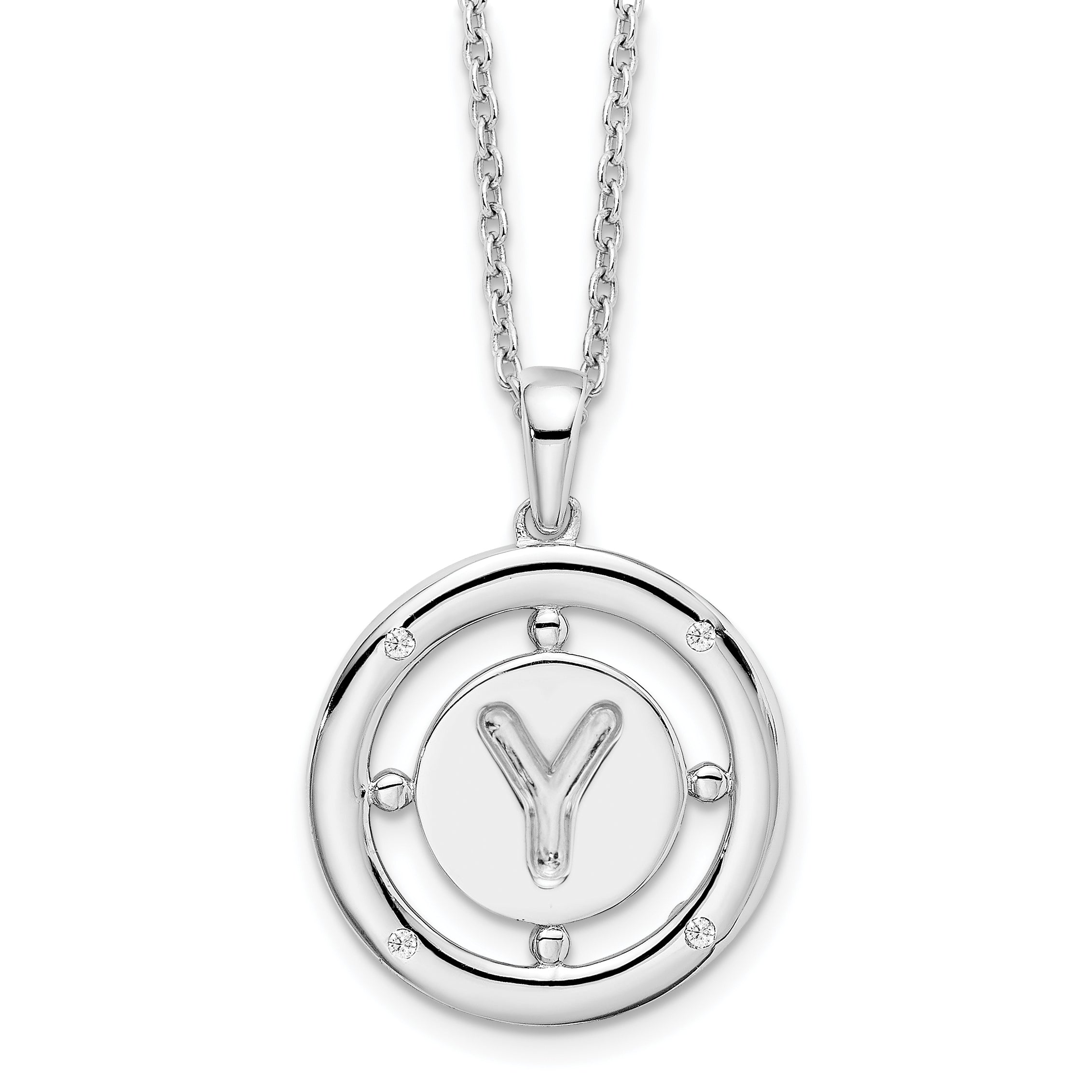 White Ice Sterling Silver Rhodium-Rhodium-Plated 18 Inch Diamond Letter Y Initial Necklace with 2 Inch Extender