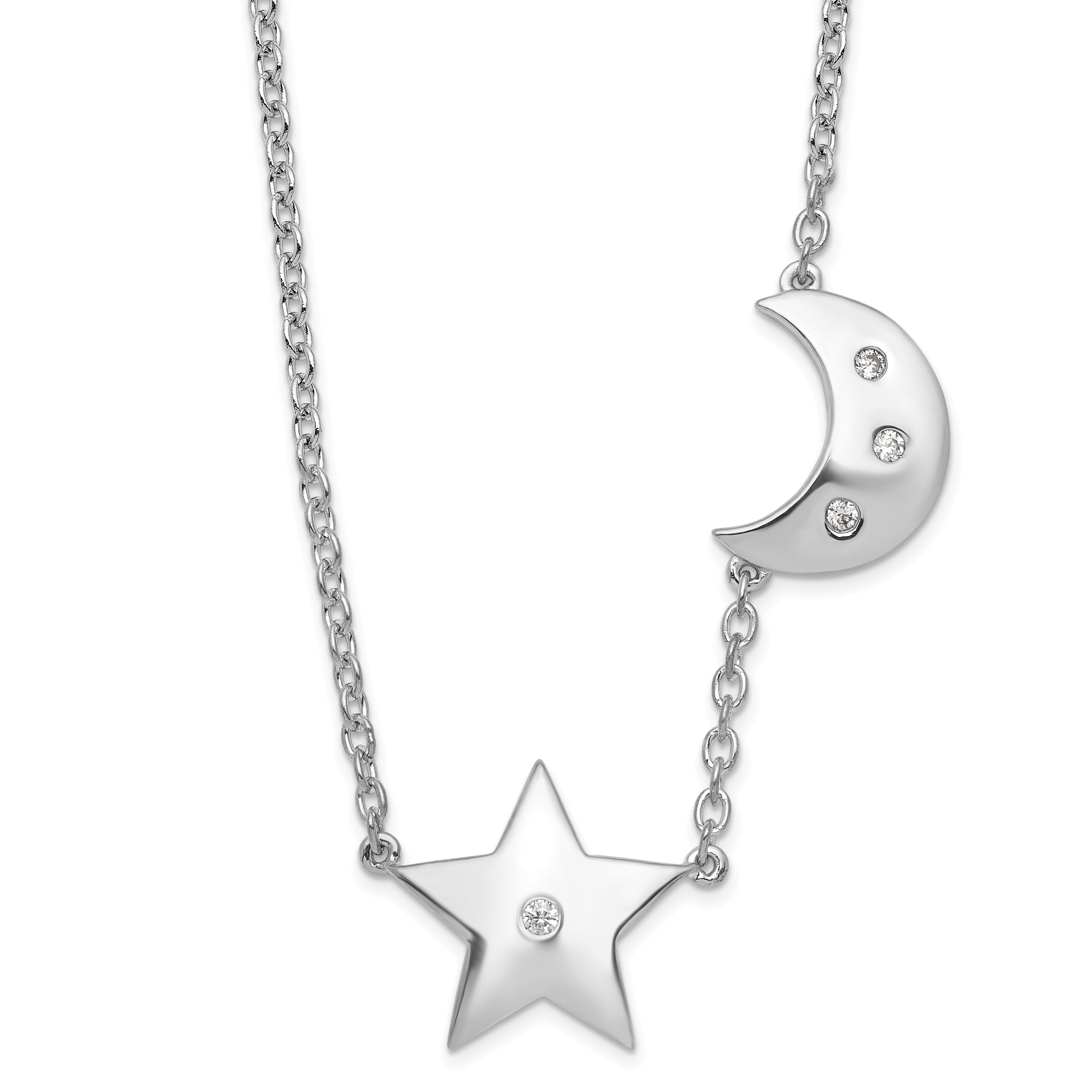 White Ice Sterling Silver Rhodium-Rhodium-Plated 18 Inch Diamond Star and Moon Necklace