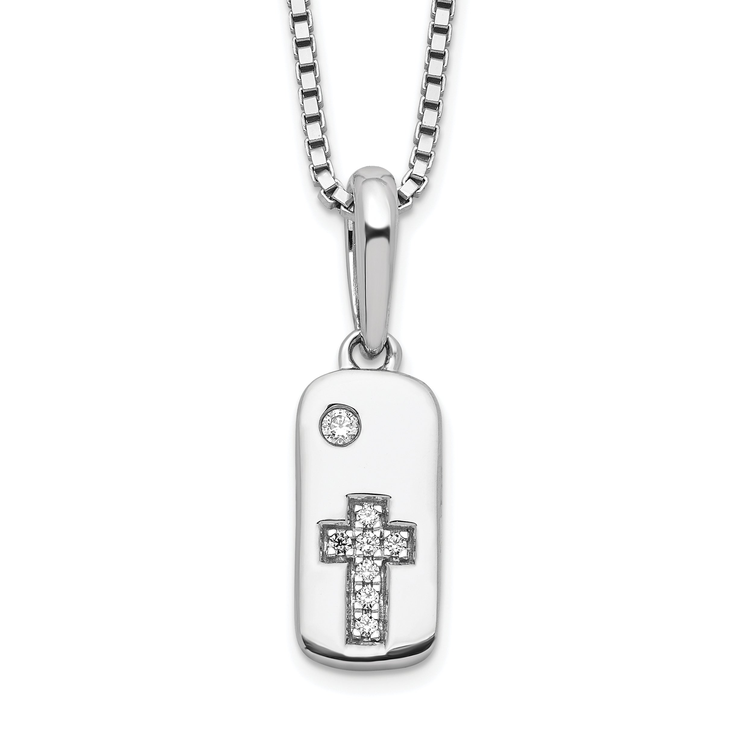 White Ice Sterling Silver Rhodium-Rhodium-Plated 18 Inch Diamond Cross Tag Necklace with 2 Inch Extender