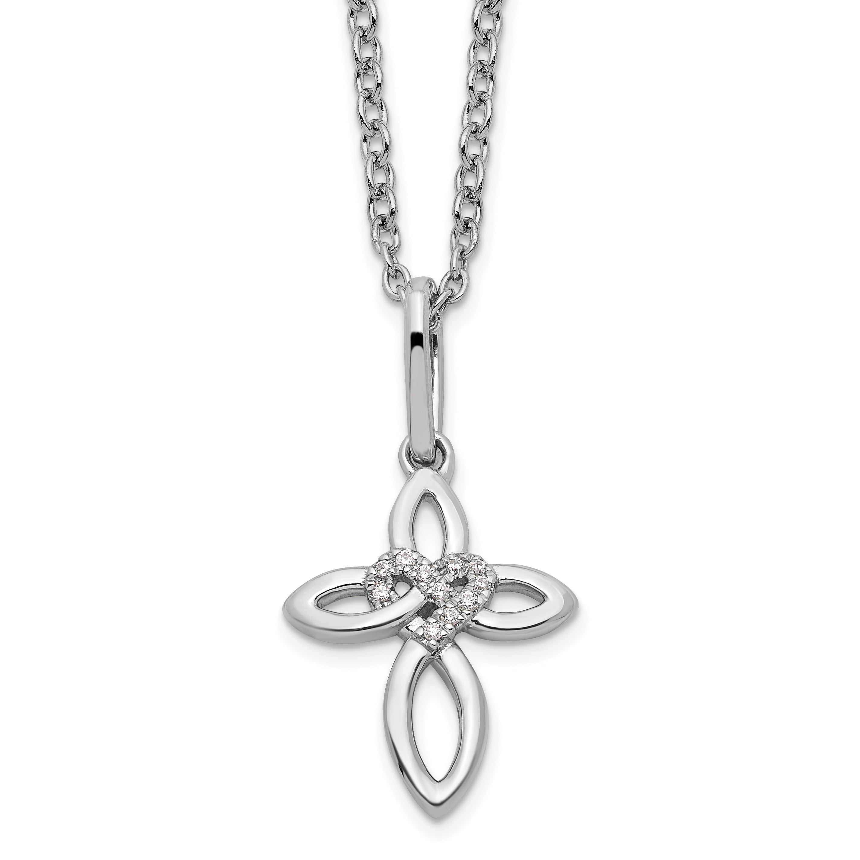 White Ice Sterling Silver Rhodium-Rhodium-Plated 18 Inch Diamond Cross with Heart Necklace with 2 Inch Extender