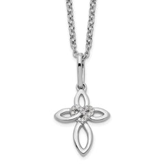 White Ice Sterling Silver Rhodium-Rhodium-Plated 18 Inch Diamond Cross with Heart Necklace with 2 Inch Extender
