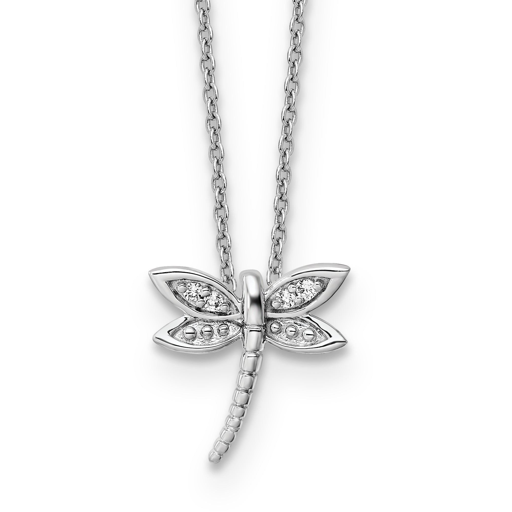 White Ice Sterling Silver Rhodium-Rhodium-Plated 18 Inch Diamond Dragonfly Necklace with 2 Inch Extender