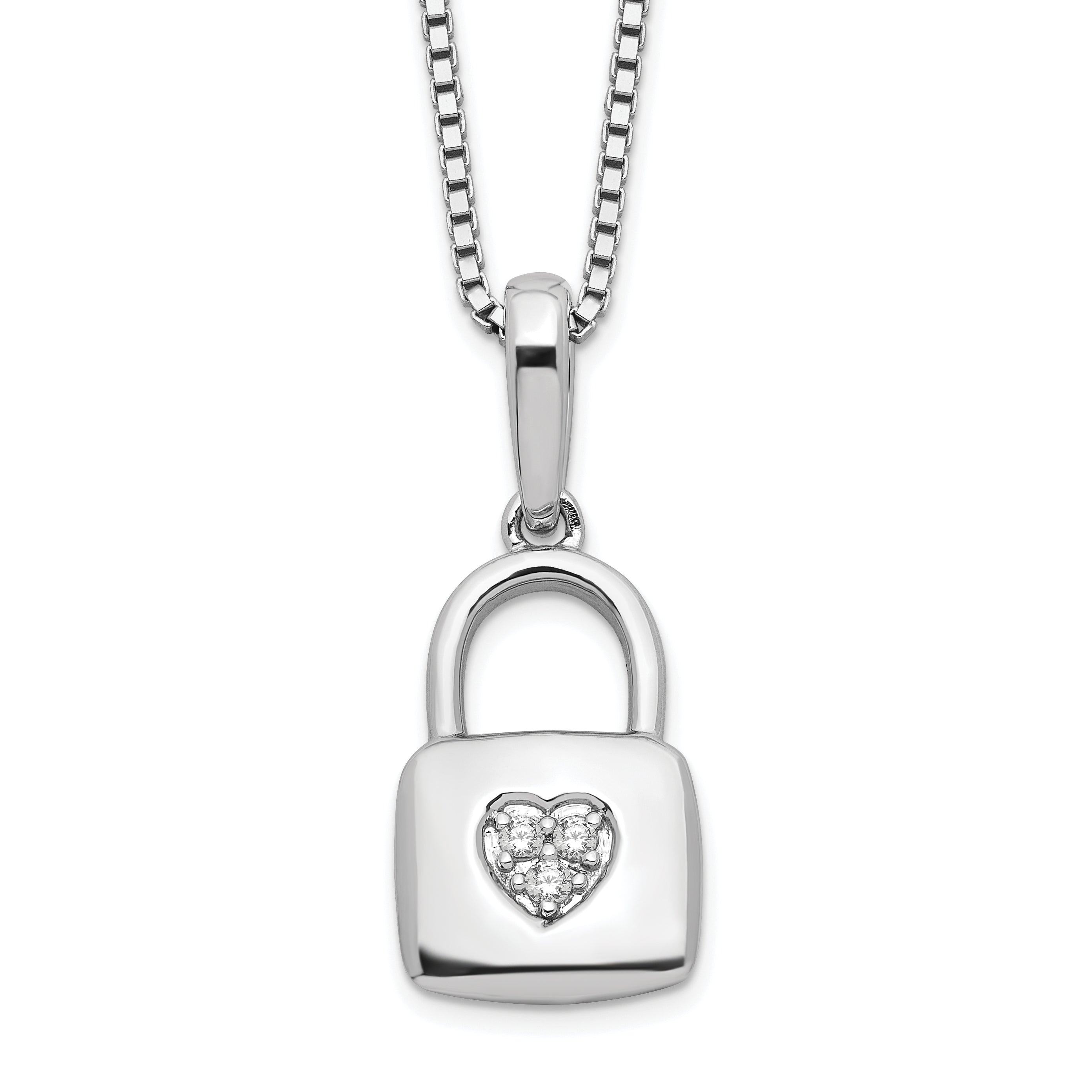 White Ice Sterling Silver Rhodium-Rhodium-Plated 18 Inch Diamond Heart Lock Necklace with 2 Inch Extender