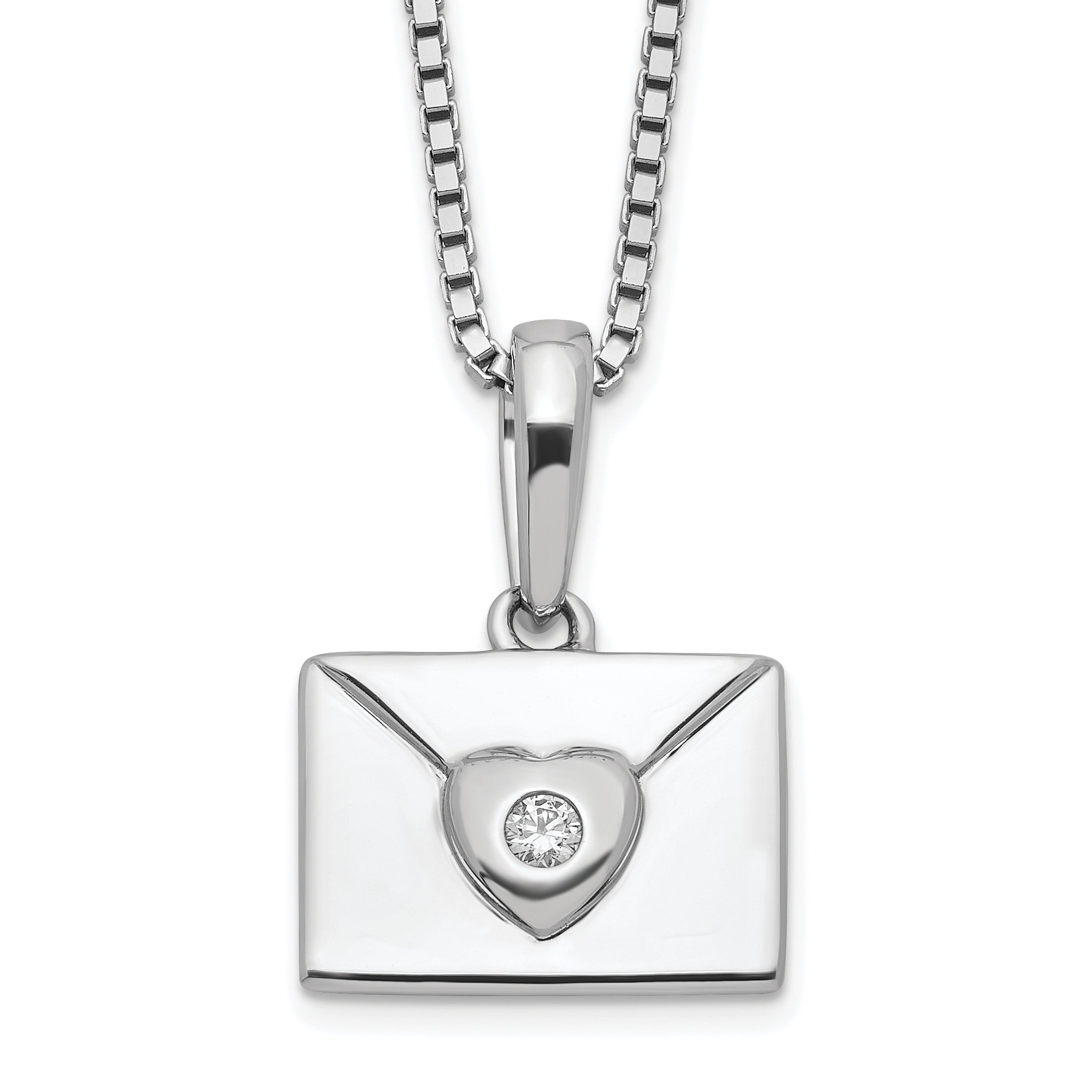 White Ice Sterling Silver Rhodium-Rhodium-Plated 18 Inch Diamond Heart Envelope Necklace with 2 Inch Extender