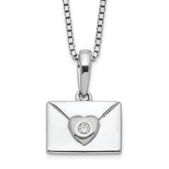 White Ice Sterling Silver Rhodium-Rhodium-Plated 18 Inch Diamond Heart Envelope Necklace with 2 Inch Extender
