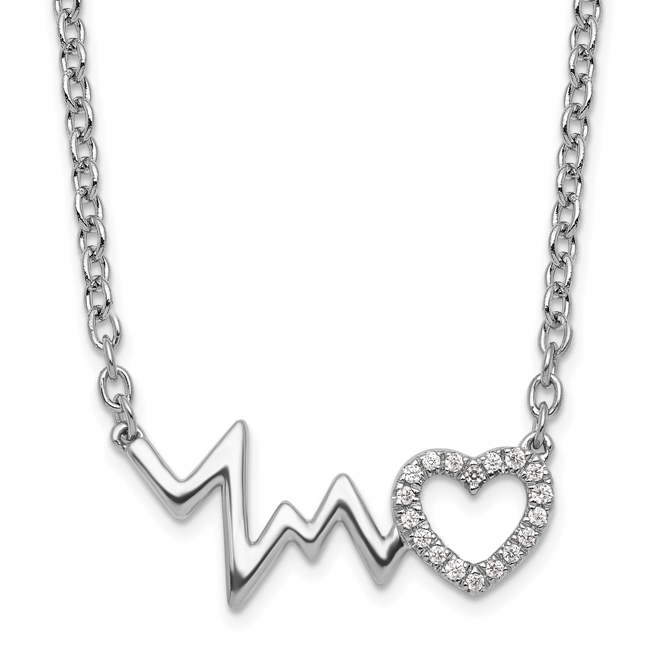 White Ice Sterling Silver Rhodium-Rhodium-Plated 18 Inch Diamond Heart with Heartbeat Necklace