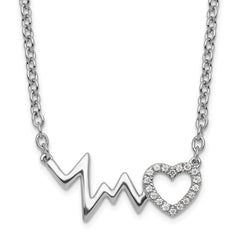 White Ice Sterling Silver Rhodium-Rhodium-Plated 18 Inch Diamond Heart with Heartbeat Necklace