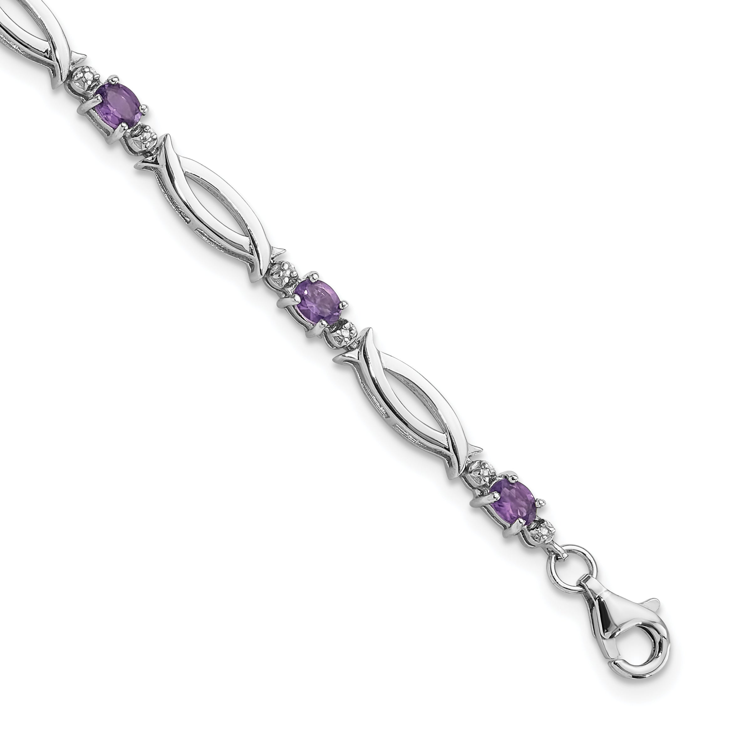 Sterling Silver Rhodium-Rhodium-Plated Amethyst and Diamond 7.25in Bracelet