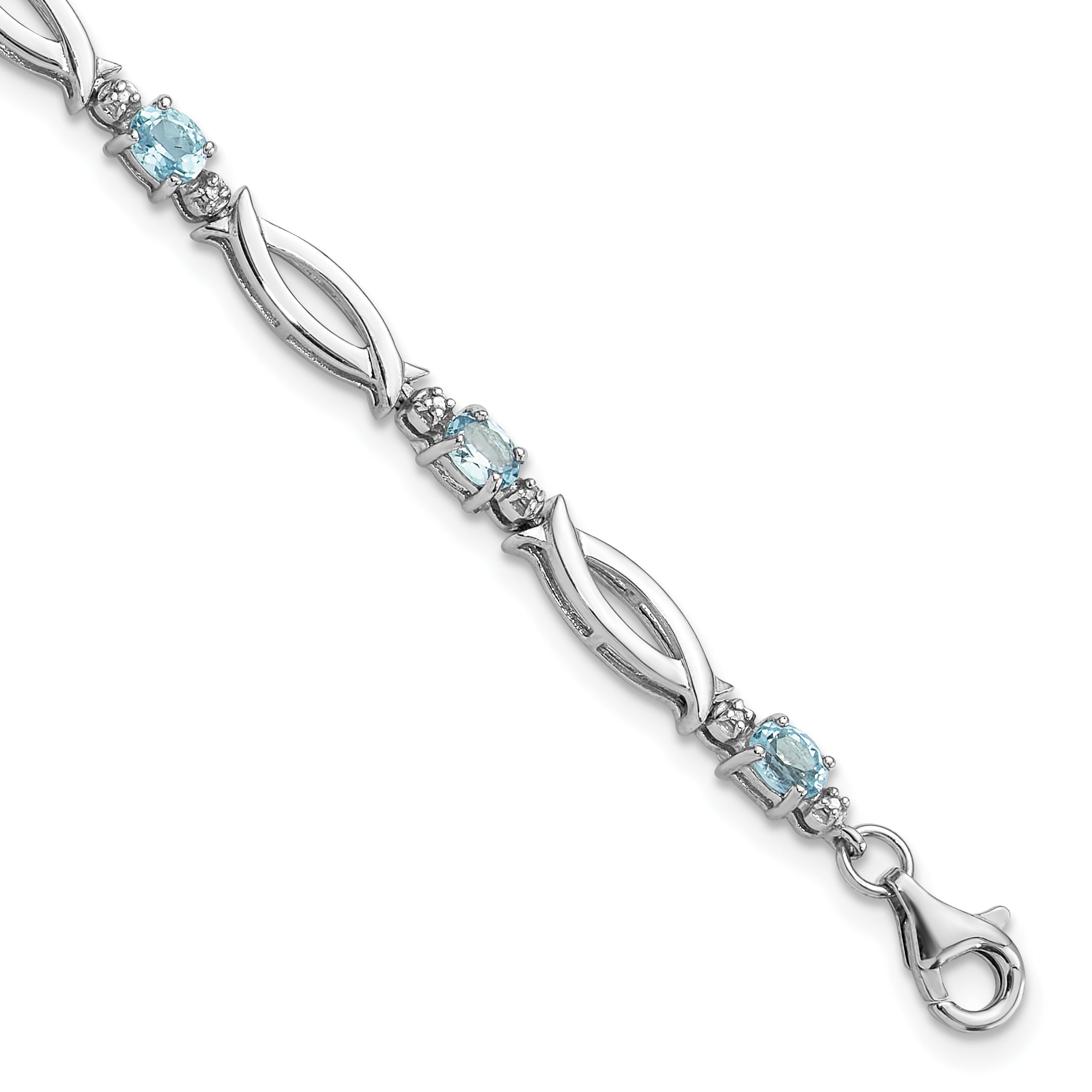 Sterling Silver Rhodium-Rhodium-Plated Light Swiss Blue Topaz and Diamond Bracelet