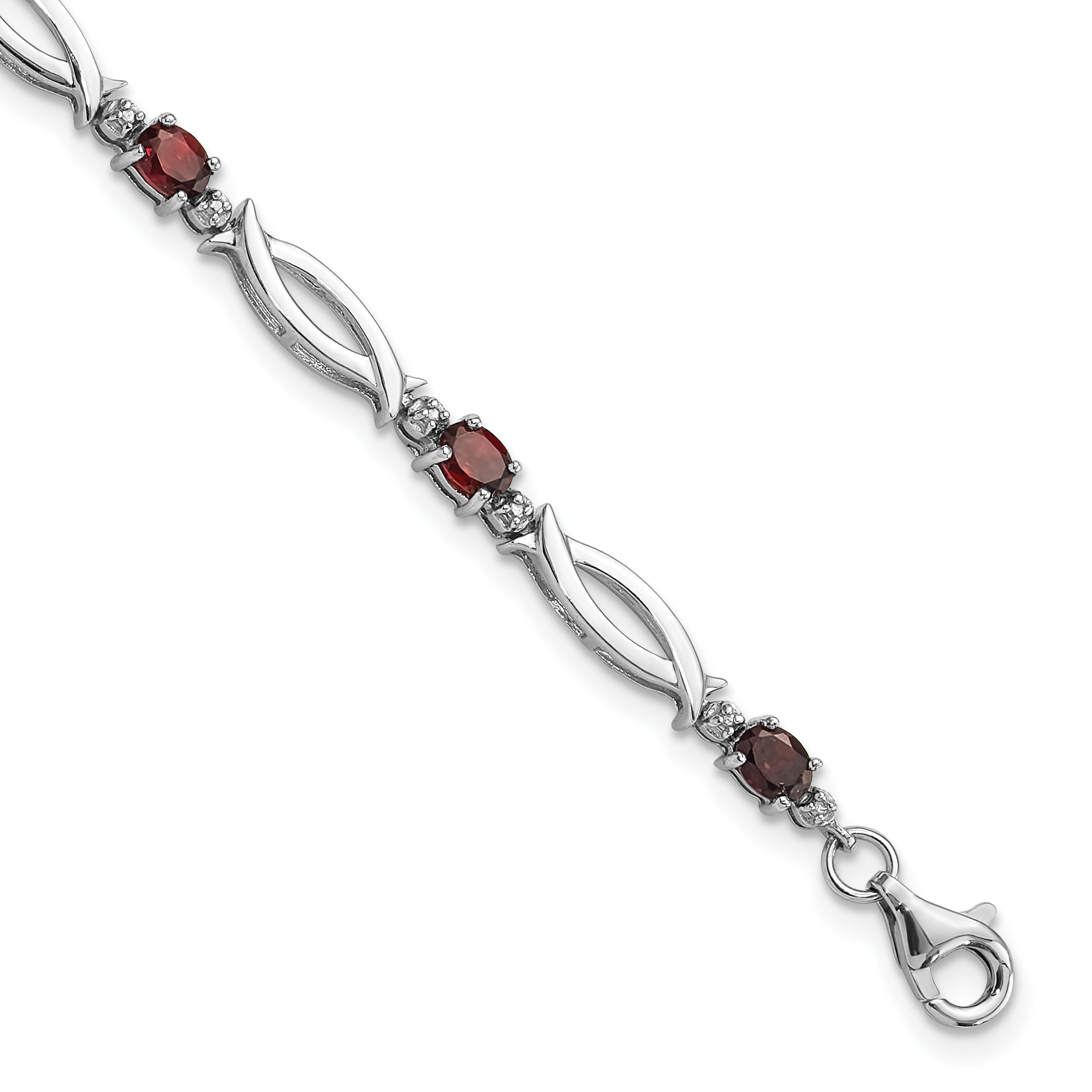Sterling Silver Rhodium-Rhodium-Plated Garnet and Diamond 7.25in Bracelet