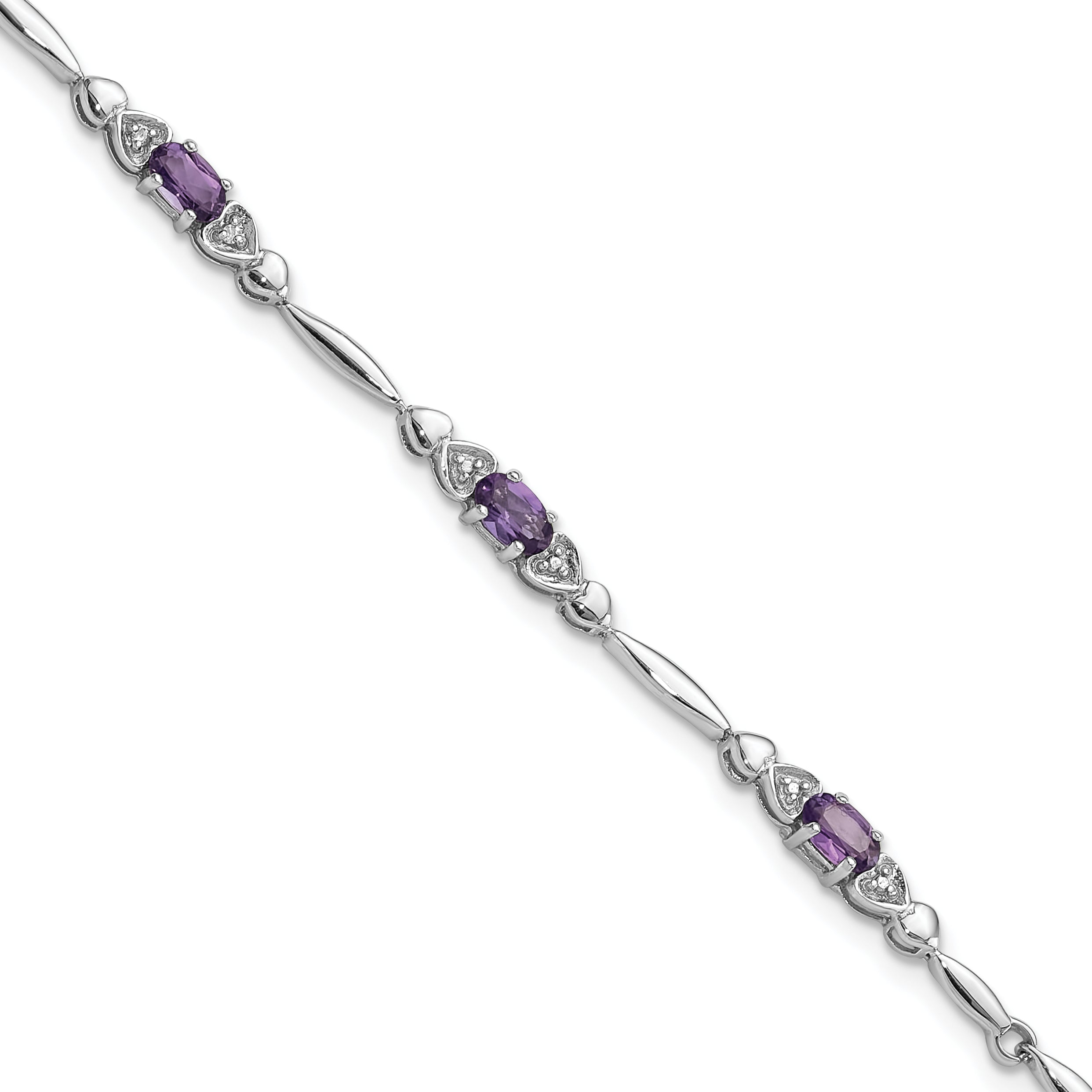 Sterling Silver Rhodium-Rhodium-Plated Amethyst and Diamond Heart 7.5in Bracelet