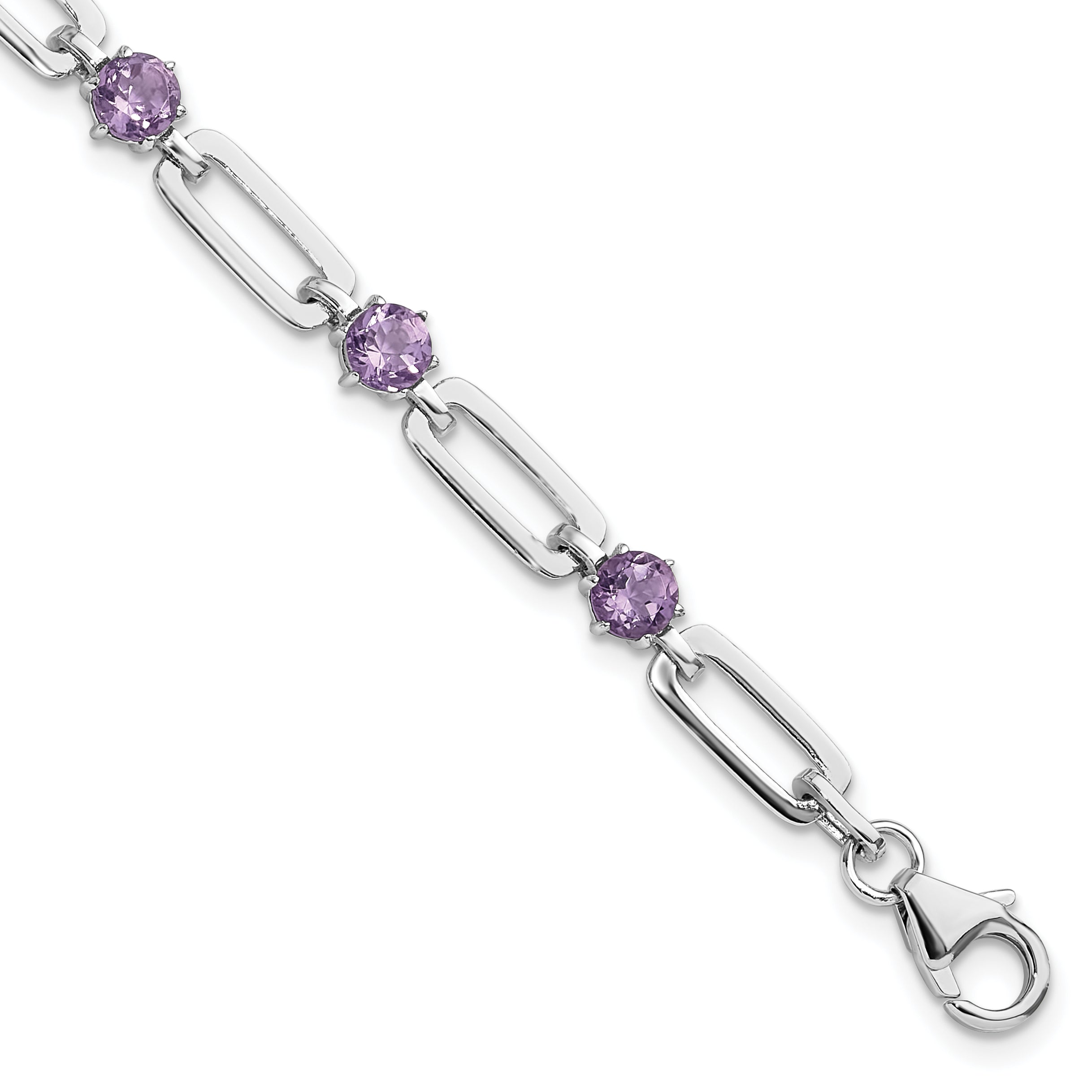 SS Rhodium-Platedod-plated 5mm 3.42AM Amethyst Paperclip Chain Bracelet