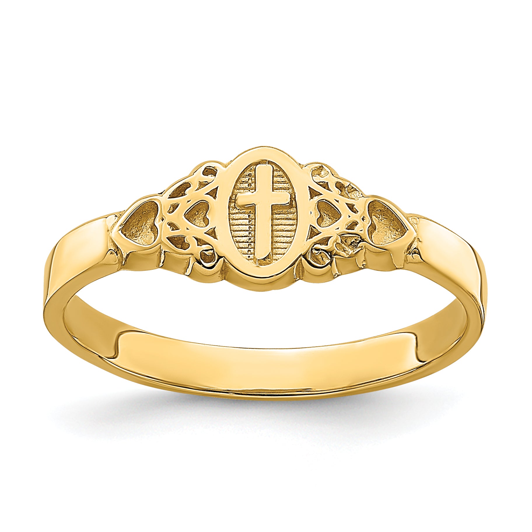14K Cross Inside Oval W/Scroll and Heart Ring