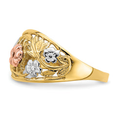 14k Tri- Color w/White Rhodium Floral Dome Ring