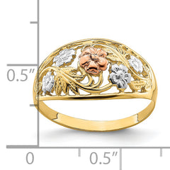14k Tri- Color w/White Rhodium Floral Dome Ring