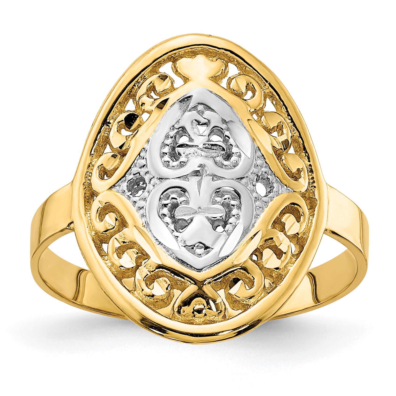 14k w/Rhodium Oval Shield and Hearts Ring