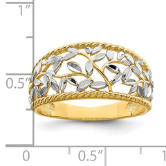 14k w/Rhodium Diamond-cut Filigree Leaf Ring