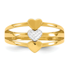 14k with White Rhodium Polished and Diamond-cut Three Hearts Size 7 Ring