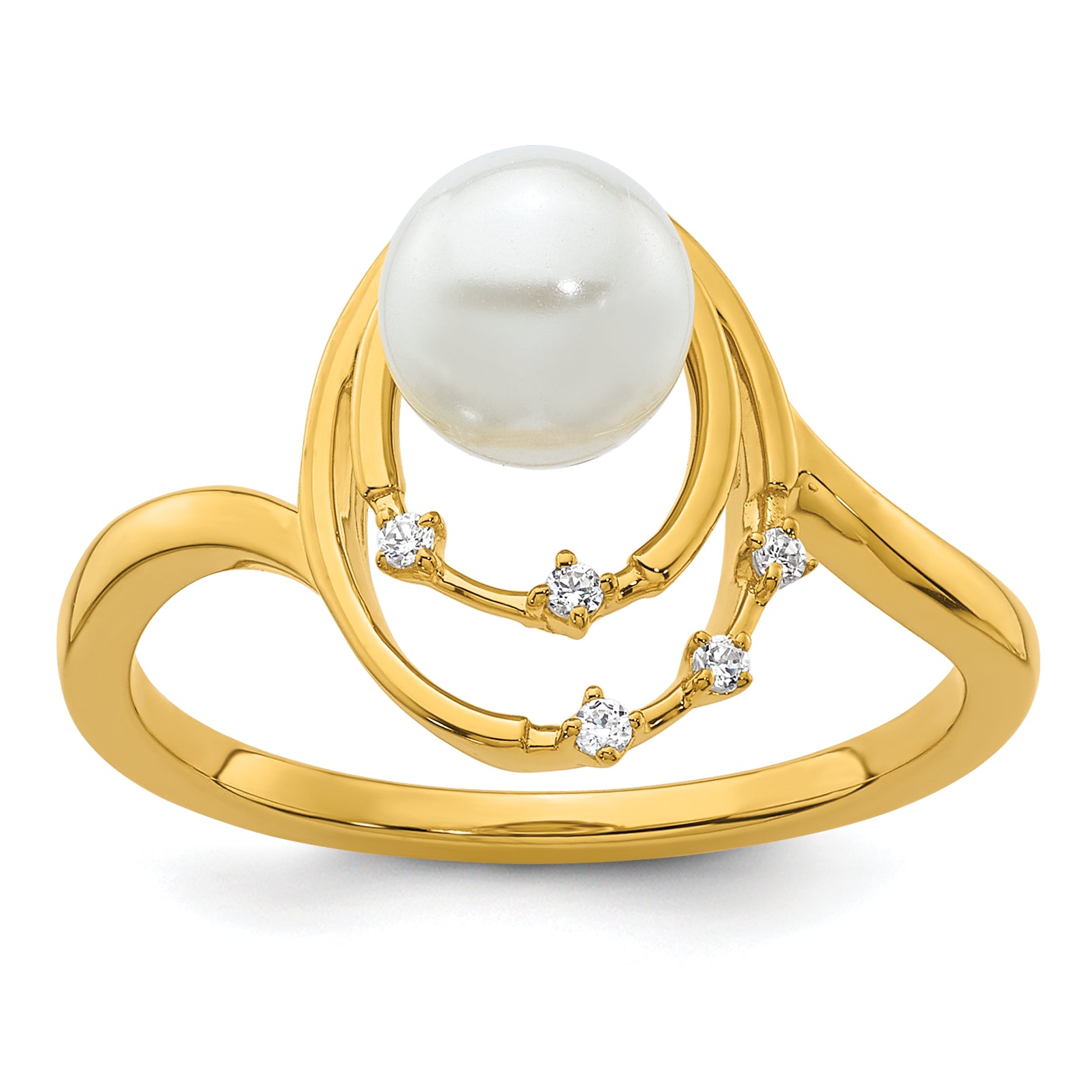 14K Polished 1/20 carat Diamond and White Freshwater Cultured Pearl Ovals Size 7 Ring