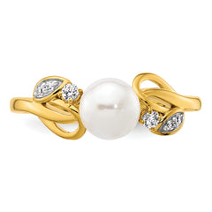 14K Polished 1/15 carat Diamond and White Freshwater Cultured Pearl Size 7 Ring