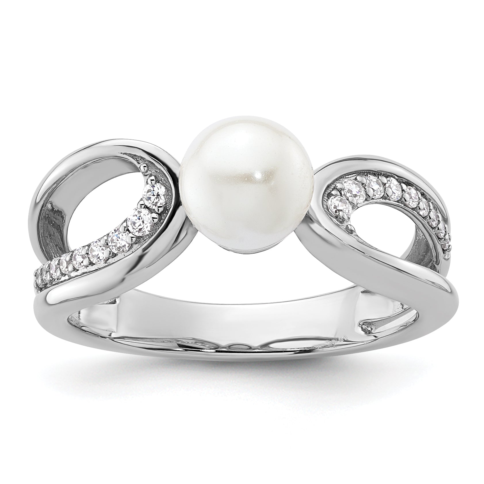 14K White Gold Polished 1/8 carat Diamond and White Freshwater Cultured Pearl Size 7 Ring