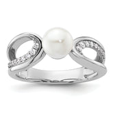 14K White Gold Polished 1/8 carat Diamond and White Freshwater Cultured Pearl Size 7 Ring