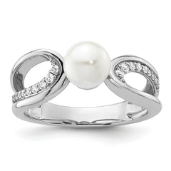 14K White Gold Polished 1/8 carat Diamond and White Freshwater Cultured Pearl Size 7 Ring