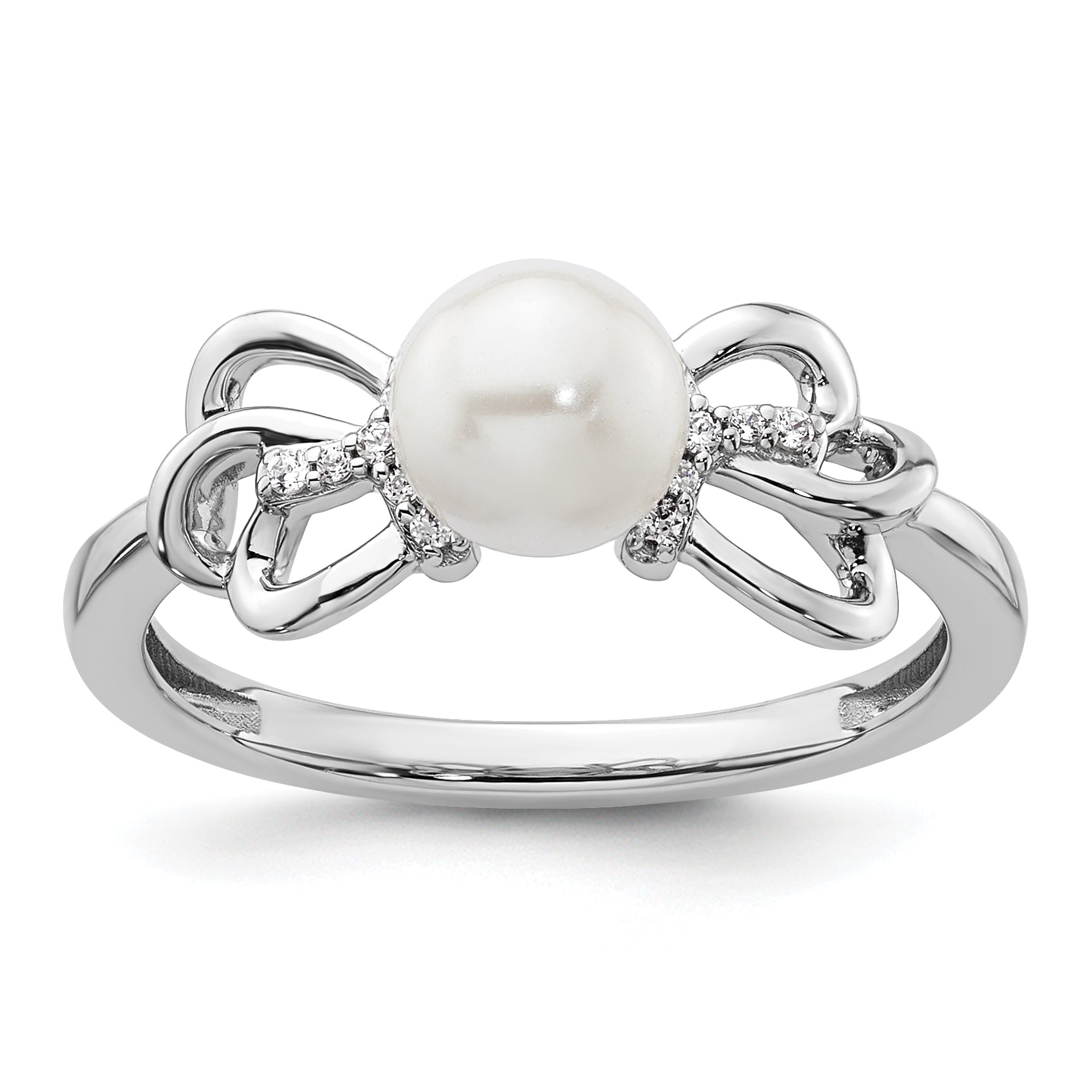 14K White Gold Polished Diamond and Pearl Fashion Ring