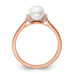 14K Rose Gold Polished 1/15 carat Diamond and White Freshwater Cultured Pearl Size 7 Ring