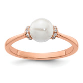 14K Rose Gold Polished 1/15 carat Diamond and White Freshwater Cultured Pearl Size 7 Ring