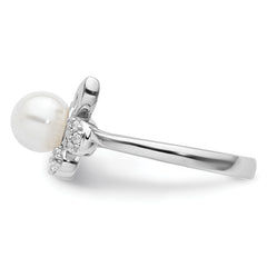 14K White Gold Polished 1/10 carat Diamond and White Freshwater Cultured Pearl Size 7 Ring