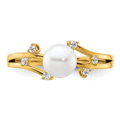 14K Polished 1/10 carat Diamond and White Freshwater Cultured Pearl Size 7 Ring
