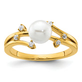 14K Polished 1/10 carat Diamond and White Freshwater Cultured Pearl Size 7 Ring