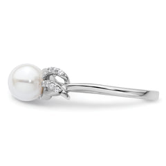 14K White Gold Polished 1/10 carat Diamond and White Freshwater Cultured Pearl Size 7 Ring