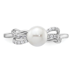 14K White Gold Polished 1/10 carat Diamond and White Freshwater Cultured Pearl Size 7 Ring