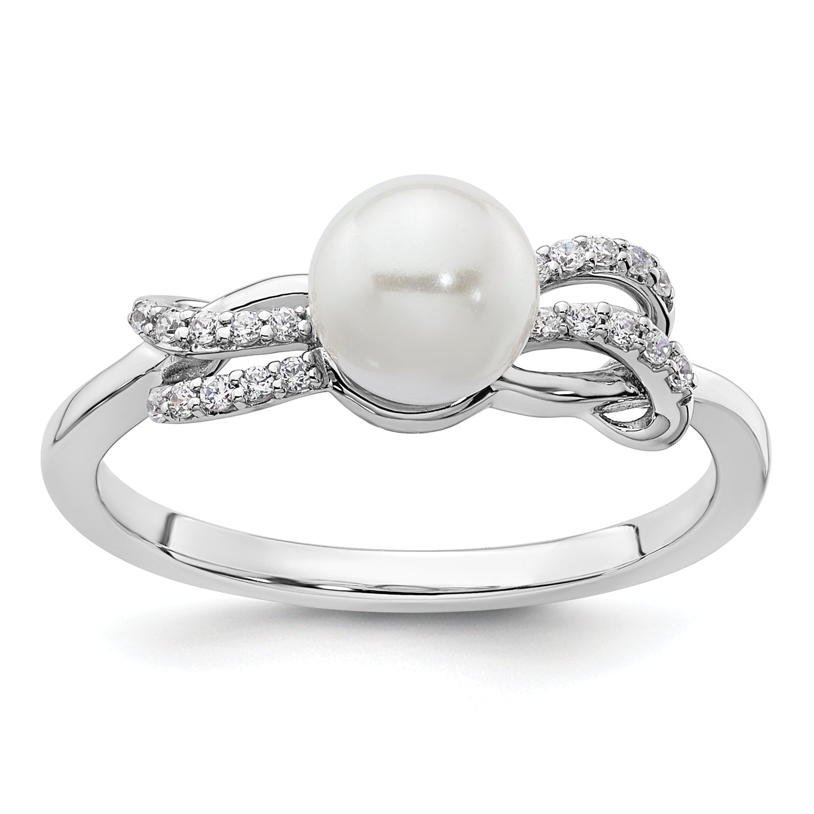 14K White Gold Polished 1/10 carat Diamond and White Freshwater Cultured Pearl Size 7 Ring