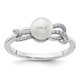 14K White Gold Polished 1/10 carat Diamond and White Freshwater Cultured Pearl Size 7 Ring