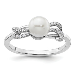 14K White Gold Polished 1/10 carat Diamond and White Freshwater Cultured Pearl Size 7 Ring