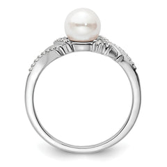 14K White Gold Polished 1/10 carat Diamond and White Freshwater Cultured Pearl Size 7 Ring