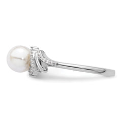 14K White Gold Polished 1/10 carat Diamond and White Freshwater Cultured Pearl Size 7 Ring