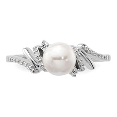 14K White Gold Polished 1/10 carat Diamond and White Freshwater Cultured Pearl Size 7 Ring