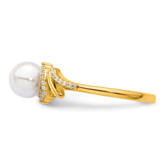 14K Polished 1/10 carat Diamond and White Freshwater Cultured Pearl Size 7 Ring