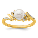 14K Polished 1/10 carat Diamond and White Freshwater Cultured Pearl Size 7 Ring