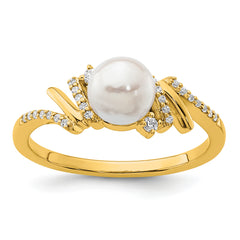14K Polished 1/10 carat Diamond and White Freshwater Cultured Pearl Size 7 Ring