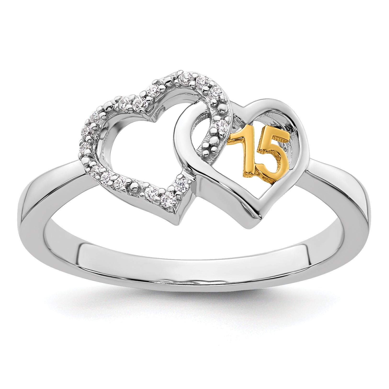 14K Two-tone Polished Diamond Quinceanera Double Heart Ring