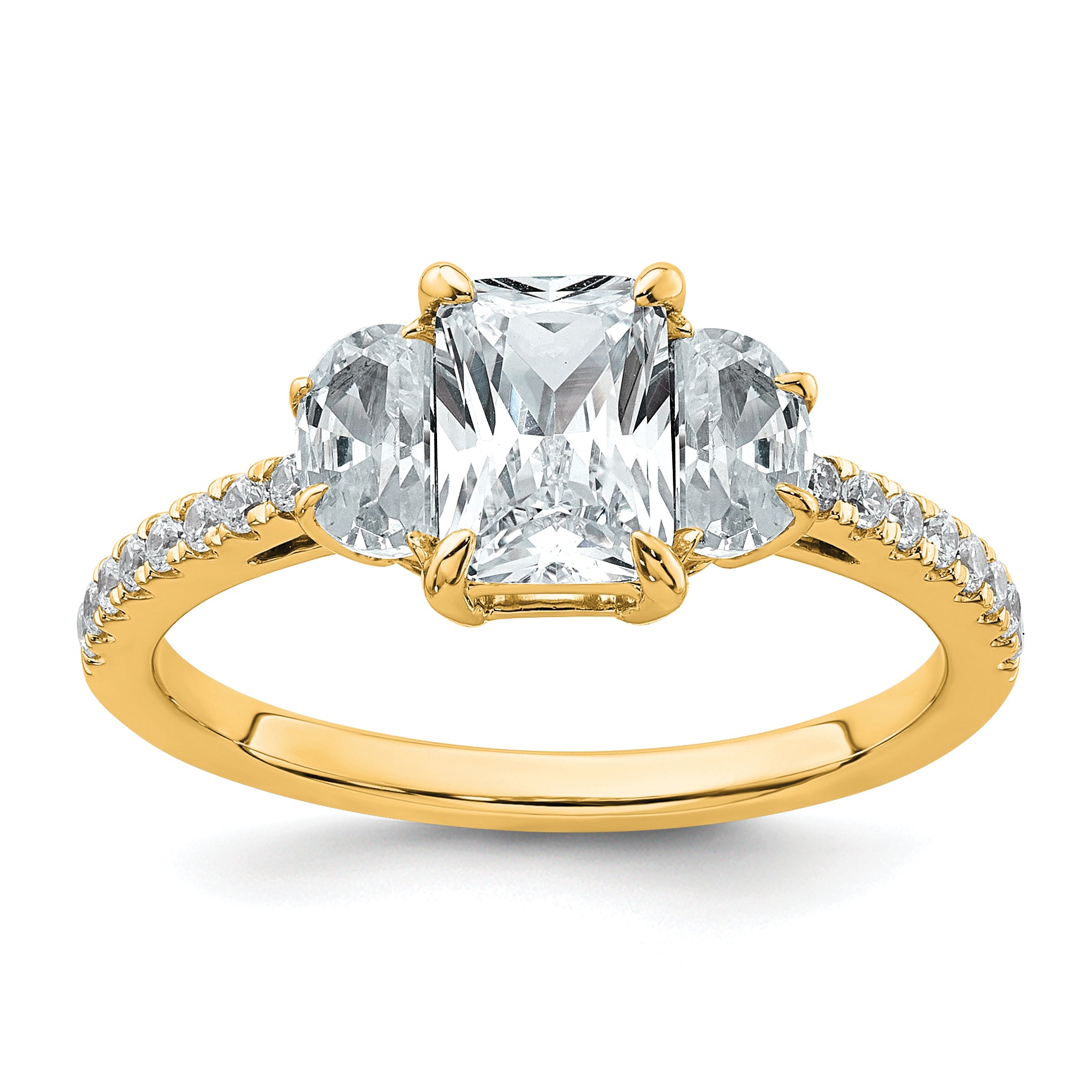 14k 1 5/8 carat Certified Lab Grown Diamond VS+ F+ Radiant with Half Moon Complete Three Stone Engagement Ring