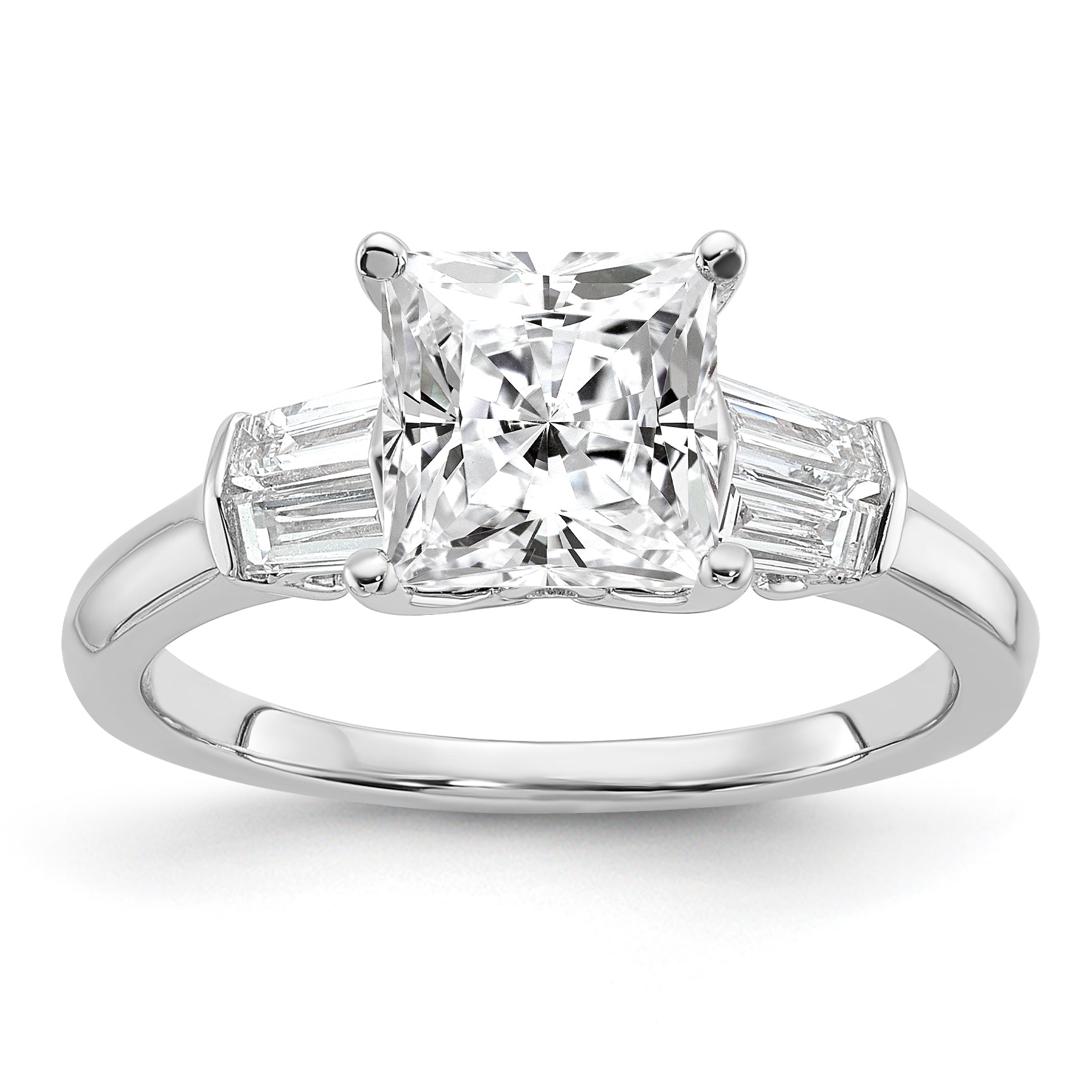14k White Gold 1/2 carat Lab Grown Diamond VS+ F+ 1 1/2 carat Center Princess Semi Mount Three Stone Engagement Ring