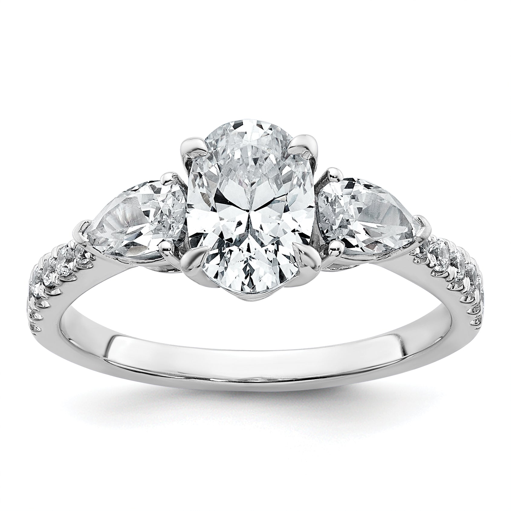 14k White Gold 1 5/8 carat Lab Grown Diamond VS+ F+ Oval with Pear Complete Three Stone Engagement Ring